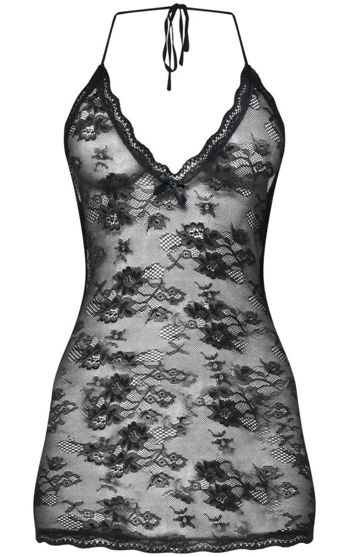 Black Lace Slip Dress and Thong Lingerie Set