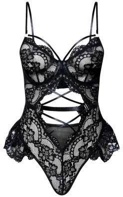 Black Lace Up Floral Lace Lingerie Bodysuit