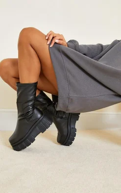 Black Large Cleat Extra Chunky Sole PU Sock Boots