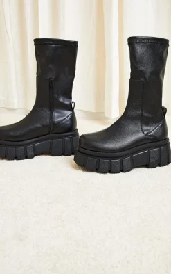 Black Large Cleat Extra Chunky Sole PU Sock Boots