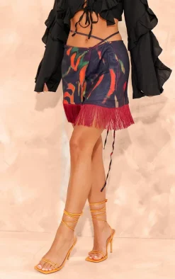 Black Leaf Print Tassel Hem Wrap Mini Skirt