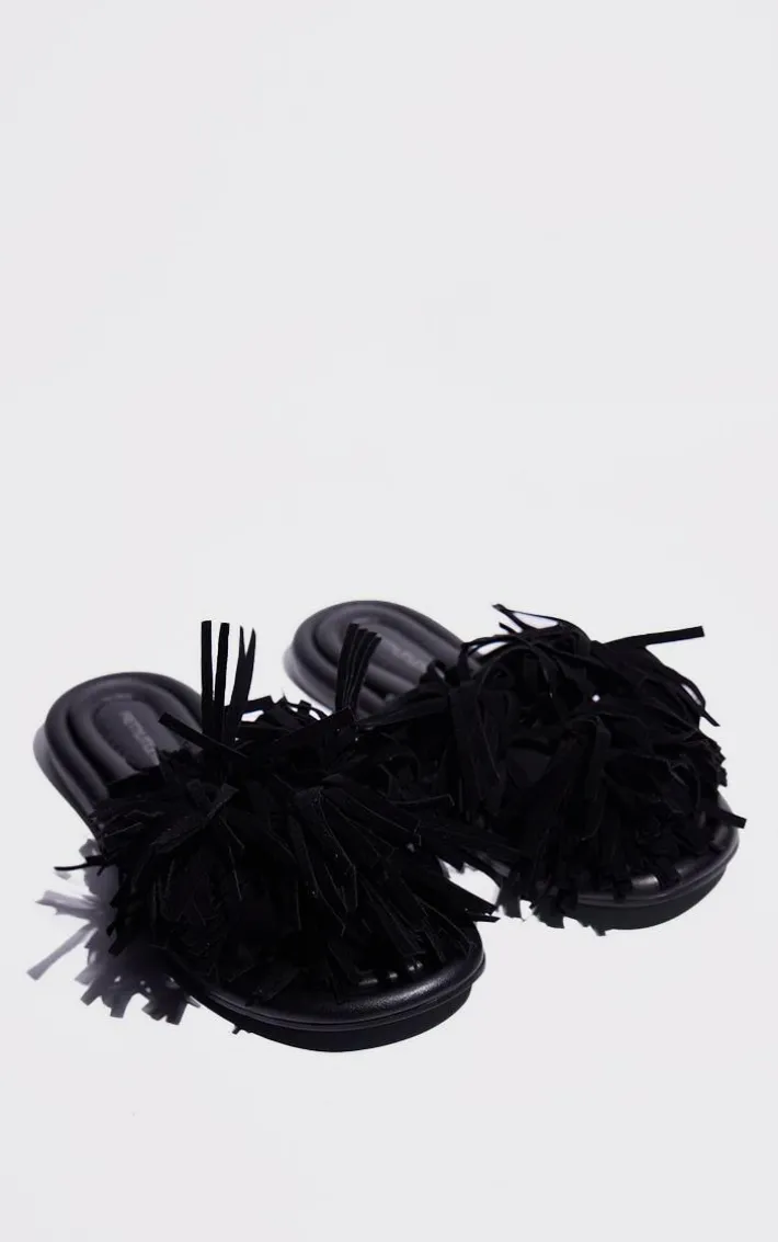 Black Leather Round Toe Faux Suede Tassel Strap Flat Sandals