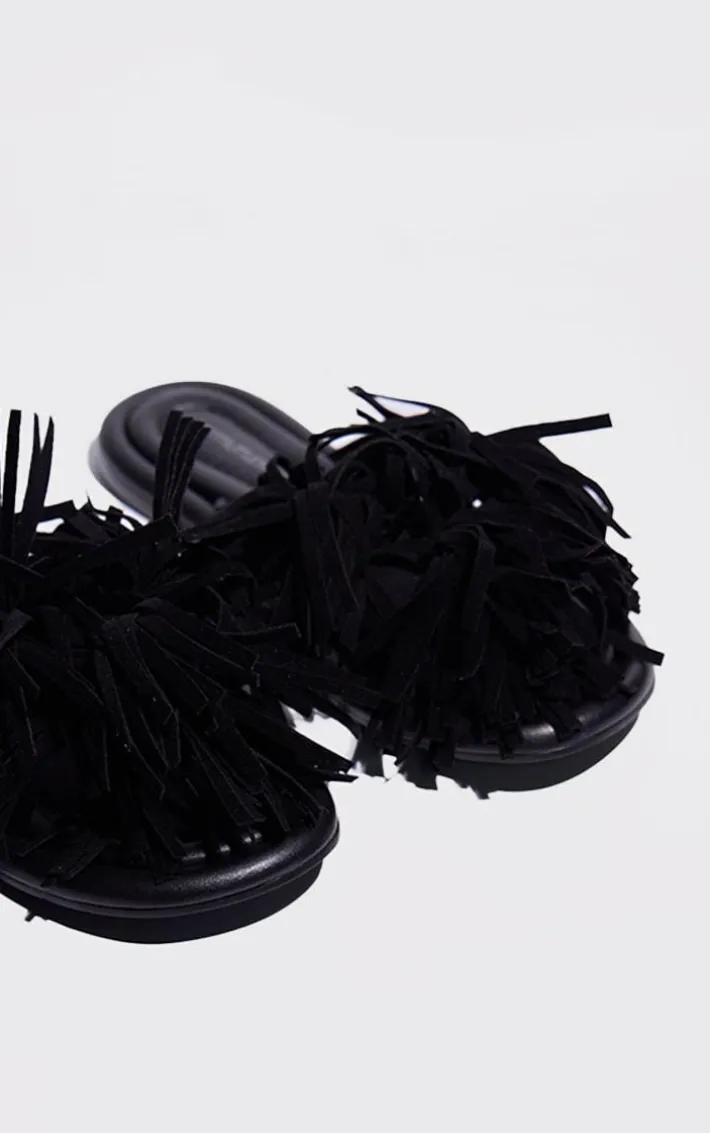 Black Leather Round Toe Faux Suede Tassel Strap Flat Sandals