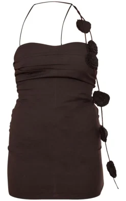 Black Linen Look Corsage Halterneck Shift Dress