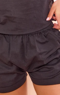 Black Linen Look High Waisted Turn Up Hem Shorts