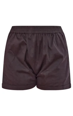 Black Linen Look High Waisted Turn Up Hem Shorts