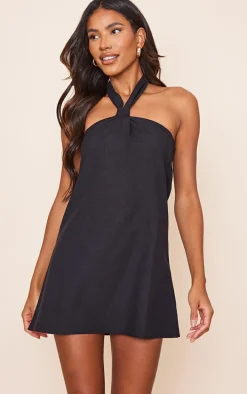Black Linen Look Knot Halterneck Shift Dress