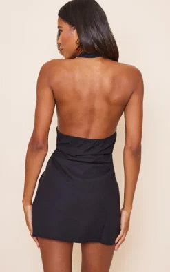 Black Linen Look Knot Halterneck Shift Dress