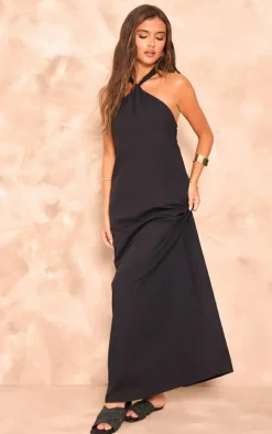 Black Linen Look Knot Halterneck Maxi Dress