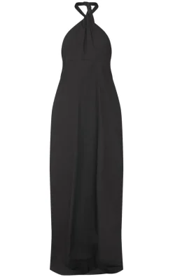 Black Linen Look Knot Halterneck Maxi Dress