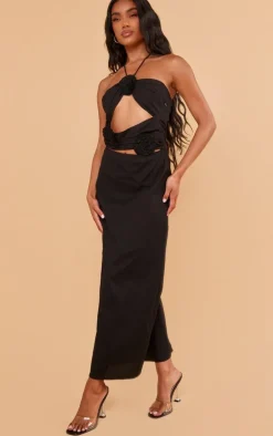 Black Linen Look Rose Detail Tie Neck Cut Out Maxi Dress