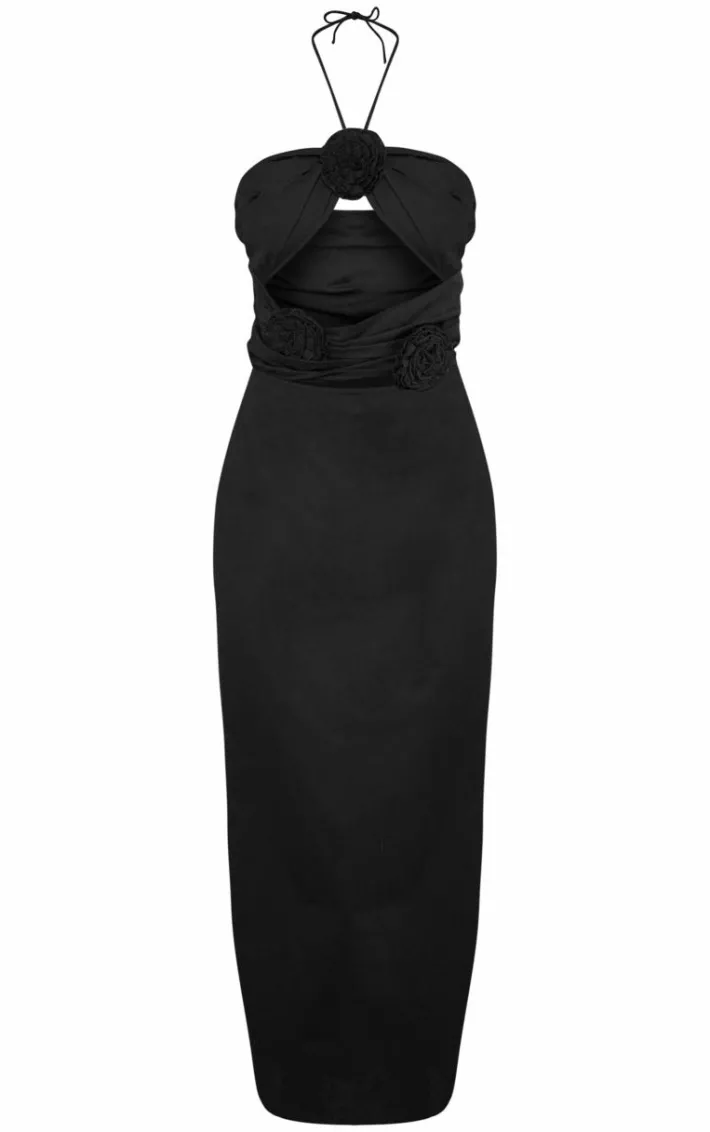 Black Linen Look Rose Detail Tie Neck Cut Out Maxi Dress