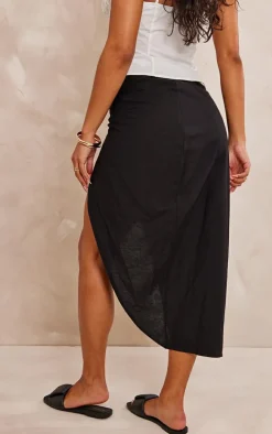 Black Linen Look Ruched Split Detail Maxi Skirt