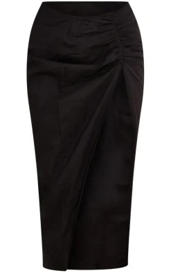 Black Linen Look Ruched Split Detail Maxi Skirt