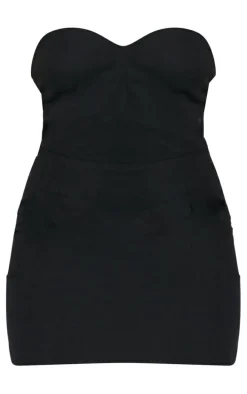 Black Linen Look Sweetheart Neckline Bodycon Dress