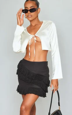 Black Linen Look Tassel Front Mini Skirt