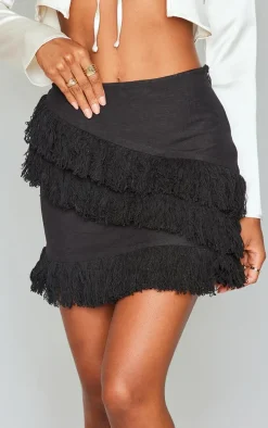 Black Linen Look Tassel Front Mini Skirt