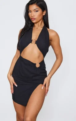 Black Linen Look Trim Detail Halterneck Cut Out Bodycon Dress