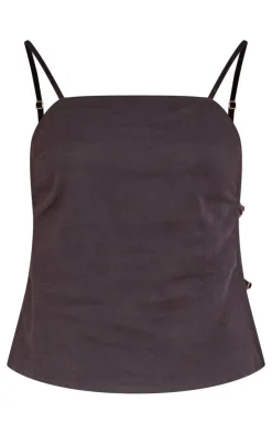 Black Linen Look Velvet Strap Detail Cami Top