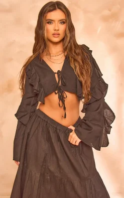 Black Linen Ruffle Front Tie Cropped Shirt