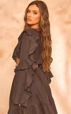 Black Linen Ruffle Front Tie Cropped Shirt