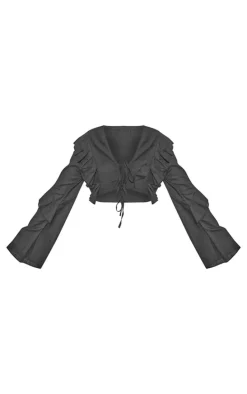 Black Linen Ruffle Front Tie Cropped Shirt