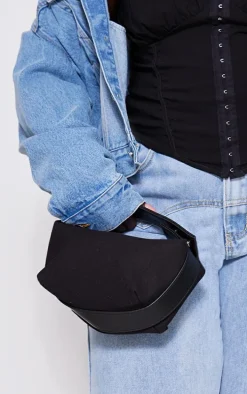 Black Linen Slouchy PU Wrap Around Handle Hand Bag