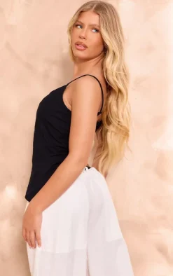 Black Linen Strappy Asymmetric Cami Top