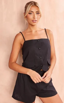Black Linen Strappy Button Down Romper