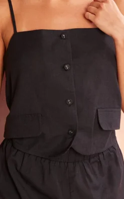 Black Linen Strappy Button Down Romper