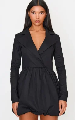 Black Long Sleeve Blazer Puffball Dress