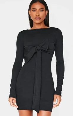 Black Long Sleeve Bow Detail Mini Dress
