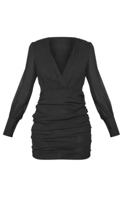 Black Long Sleeve Chiffon Ruched Bodycon Dress
