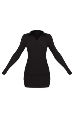 Black Long Sleeve Rib Knitted Bodycon Mini Dress