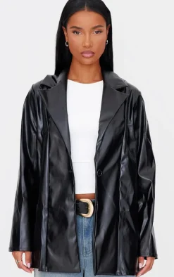 Black Longline Lapel Detail Faux Leather Blazer