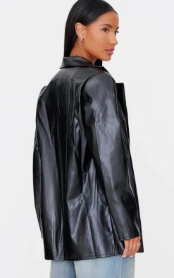 Black Longline Lapel Detail Faux Leather Blazer