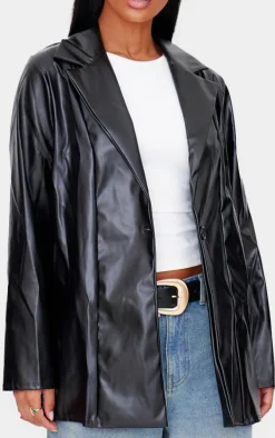 Black Longline Lapel Detail Faux Leather Blazer