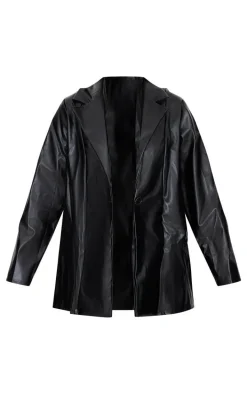Black Longline Lapel Detail Faux Leather Blazer