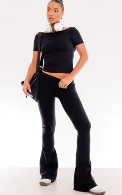 Black Low Rise Fold Over Waist Snatched Sculpt Flared Pants