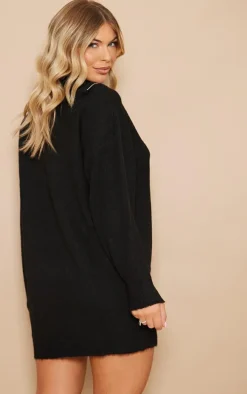 Black Luxe Knit Half Zip Sweater Dress