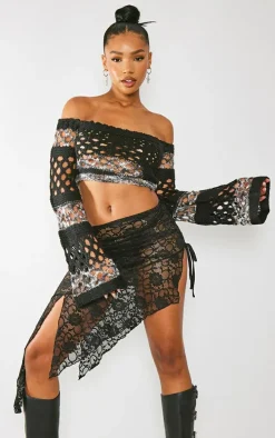 Black Marl Knit Open Crochet Long Sleeve Crop Top