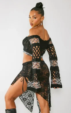 Black Marl Knit Open Crochet Long Sleeve Crop Top