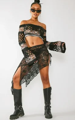 Black Marl Knit Open Crochet Long Sleeve Crop Top