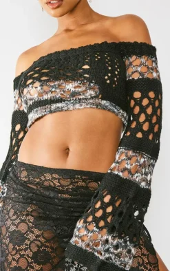 Black Marl Knit Open Crochet Long Sleeve Crop Top