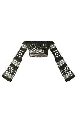 Black Marl Knit Open Crochet Long Sleeve Crop Top