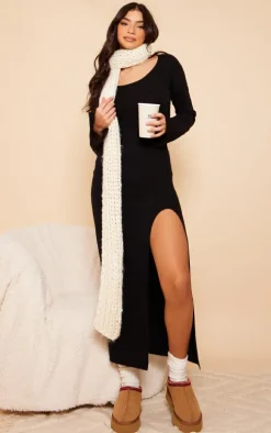 Black Marl Knit Scoop Neck Side Split Maxi Dress