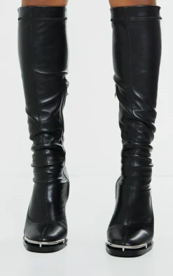 Black Matte PU Round Toe Knee High Heeled Boots