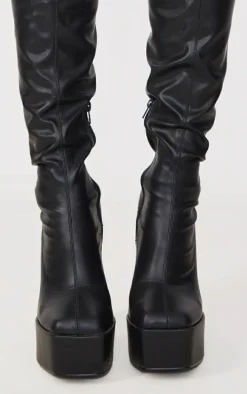 Black Matte Pu Square Toe Platform High Block Heeled Knee Boots