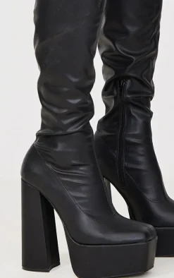 Black Matte Pu Square Toe Platform High Block Heeled Knee Boots