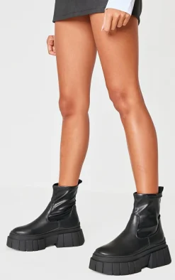 Black Matte Round Toe Chunky Sole Chelsea Boots